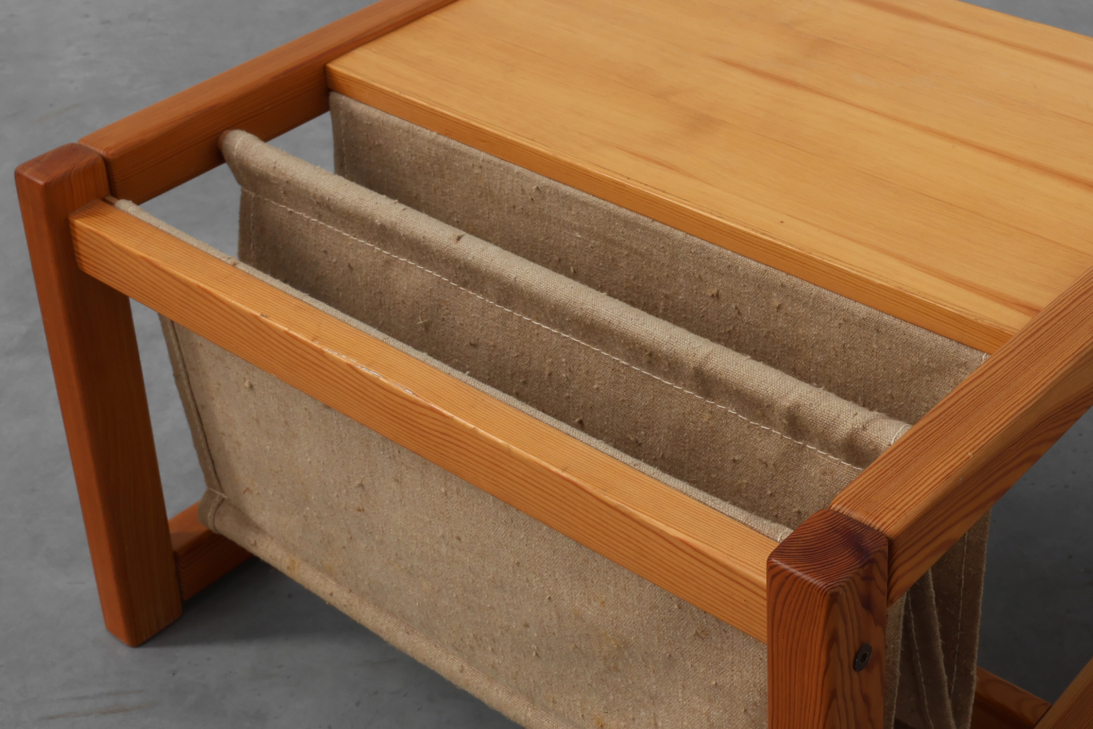Pine and linen coffee table with magazine rack by Karin Möbring, Sweden 1970sthumbnail